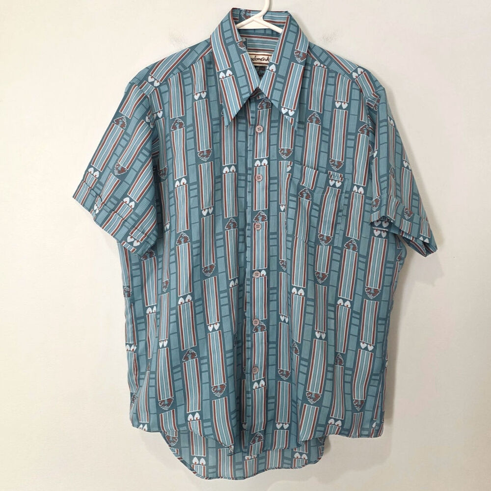 Vtg 70s Landmark Dagger Collar Shirt Short Sleeve Geometric Tree Print Disco Mod